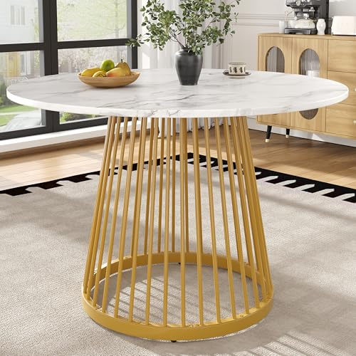 Table à manger ronde 80 x 76 cm, table de cuisine légère avec pieds dorés, plateau de table marbré en MDF pour 4 à 6 personnes, table basse pour salle à manger et salon (D, doré)