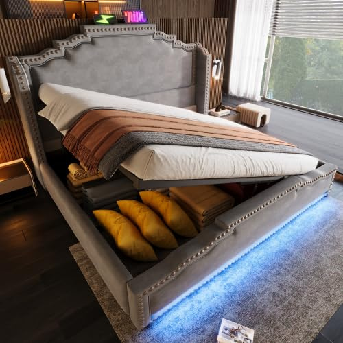 Merax Polsterbett 160x200, Doppelbett mit hydraulischem Stauraum, LED-Beleuchtung und USB-C-Ladeanschluss, Stauraumbett und Jugendbett mit Lattenrost, Samt, Grau, ohne Matratze