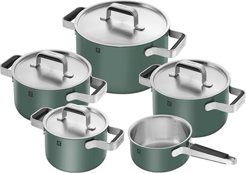 ZWILLING PURE Kochtopfset, 5-tlg, 18/10 Edelstahl, Keramik-Außenbeschichtung, Stay-Cool-Griffe, Spülmaschinengeeignet, Grün