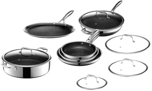 HexClad Pfanntastisch Pfannenset – 10-teilig mit Hybrid-Pfannen (Ø 20/25/30 cm), Wok, Grillplatte & Schmorpfanne inkl. Deckel – kratzfest, spülmaschinengeeignet & ofenfest bis 480 °C