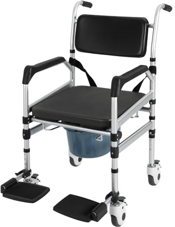 Silla de ducha silla de WC con ruedas, altura ajustable taburete de inodoro, silla de inodoro plegable para personas mayores, capacidad de carga 160kg, silla de ruedas a prueba de caídas con inodoro