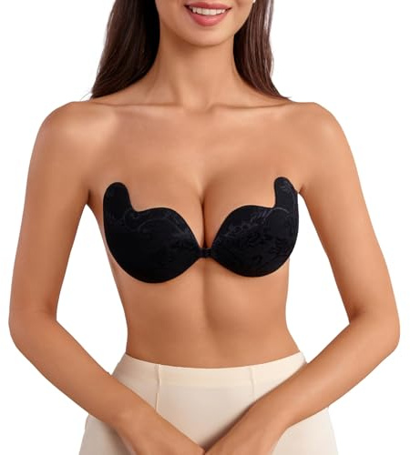 XTAIQD Women's Invisible Strapless Bra, Reusable Sticky Bra Skin-Friendly Stick on Push Up Bra Lace Adhesive Bra for Party, Bar, Beach, and Everyday Wearing Backless Bra for Women