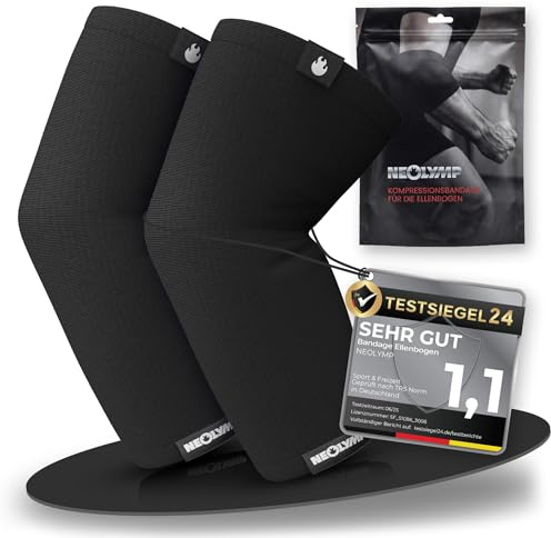 NEOLYMP Ellenbogenbandage Kraftsport – Kompressionsbandage für Bodybuilding, Tennisarm & Golferarm – Stabilität bei Dips & Push-Ups – Elastische Bandage (Schwarz, S | 18-23 cm)
