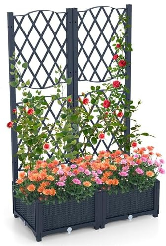 GOPLUS Blumenkasten mit Rankgitter, Hochbeet mit Spalier für Kletterpflanzen & Topfpflanzen, Tiefes Pflanzbeet mit Drainagelöchern für Balkon, Hinterhof & Garten (Grau,80 x 40 x 122 cm)