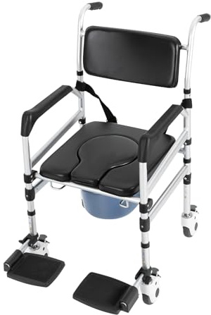Fauteuil roulant de douche 3 en 1, 4 roues, pliable, hauteur réglable de 48 à 54 cm, 160 kg, en aluminium, bidet, coussin, ceinture de sécurité, repose-pieds, pour personnes âgées, handicapées, femmes