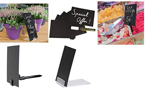 SECURIT - 20-er Set Kreidetafel-TAGs + 4 Steckvorrichtungen + 2 transparente Halter + 1 Kreidemarker - Format DIN A8 - Für Cafés, Bars, Restaurants, Geschäfte- 7,4x5,2x0,1cm - Schwarz