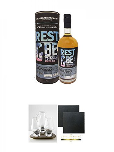 Bruichladdich 12 Jahre 59,3% Rest and Be 0,7 Liter + The Glencairn Whisky Glass Stölzle 2 Whiskygläser + edlem Tablett aus Holz + Wasserkrug + Schiefer Glasuntersetzer eckig ca. 9,5 cm Ø 2 Stück