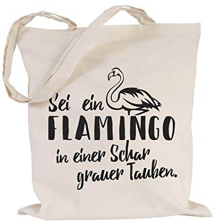 JUNIWORDS Jutebeutel, Wähle ein Motiv & Farbe, Sei ein Flamingo in einer Schar grauer Tauben. (Beutel: Natur, Text: Schwarz)