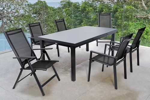 OUTFLEXX Esstischgarnitur, anthrazit matt, Alu/Textilene, Tisch 180/240x100cm, 4 Stapel-, 2 Multipositionssessel