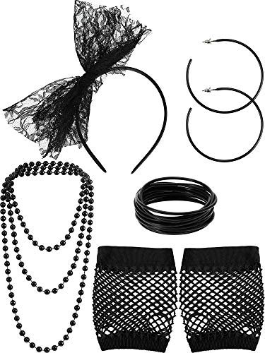 Accessoires de Costume de Déguisements des Années 80 Serre-tête en Dentelle Boucles d'Oreilles Gants en Résille Collier Bracelet pour Fête Rétro des Années 80(Stil C, 5 Stücke)
