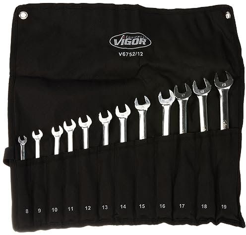 Vigor V6752/12 Ratchet Ring Spanner Set (Double Joint, Fine Toothed Ratchet Mechanism on The Ring Side 12 Pieces in Practical Rolling Bag) Silver