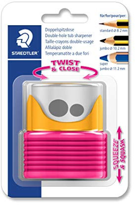 STAEDTLER Doppelspitzdose mit Faltbalg, zwei Spitzlöcher für unterschiedliche Stiftformate, Blisterkarte mit 1 Spitzer gelb/beere, 513007BK-1