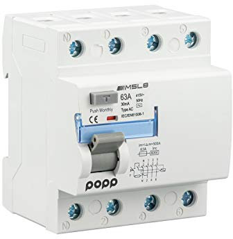 POPP® Electric Interruptor diferencial industrial TIPO AC corriente residual alterna 4 Polo 63A 30mA SERIE MSL8 (3P+N, 63A 30mA)