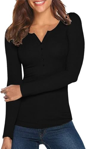 Hiistandd Women's Black Solid Color Long Sleeve V-Neck Slim Fit T-Shirt