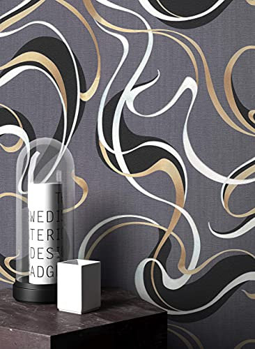 NEWROOM Tapete Grau Vliestapete Linen - Mustertapete Grafisch Silber Gold Geschwungen Modern inkl. Tapezier-Ratgeber