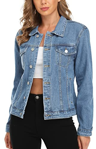 MISS MOLY Women's Denim Jacket Button Up Long Sleeve Basic Trendy Jean Jacket Coat with Pockets mid Blue M