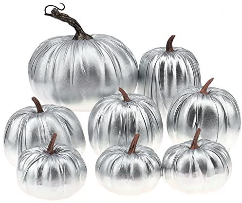 Gresorth 8 Stück Sortiert Gefälscht Handgefertigt Silber Leder Kürbisse Künstlich Herbsternte Halloween Dekoration Heim Bauernhaus