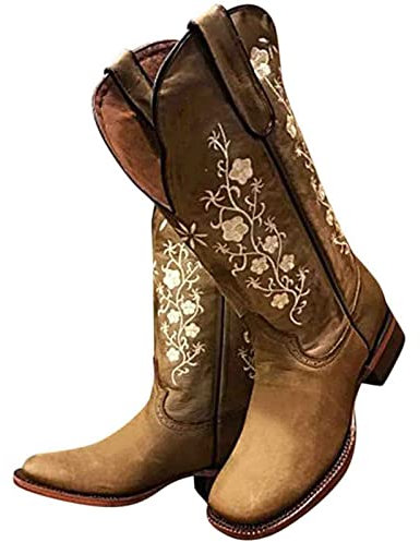 JFISQ Stivali Da Equitazione Donna Ricamati Floreali Stivali Western Texani Rétro Autunno Inverno Con Tacco Largo Stivali Slip-On Con Gamba Lunga Stivali Da Motociclista Da Esterno Oversize,Marrone,38