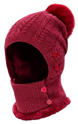 TAGVO Hiver Chaud Tricoté Bonnet Et Ensembles De Cache-Cou,Bonnet Tricoté Flexible Avec Boule De Poils,Doublé En Molleton Épais Doux,Masque Facial Réglable Pour Les Femmes Pour Les Sports De Plein Air