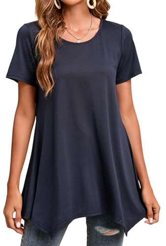 Enmain Navy Blue Tunic Tops for Women UK Summer Short Sleeve Round Neck Womens Swing T Shirt Plus Size Ladies Tunics for Leggings Hanky Hem Casual Loose Blouse T-Shirts XXL