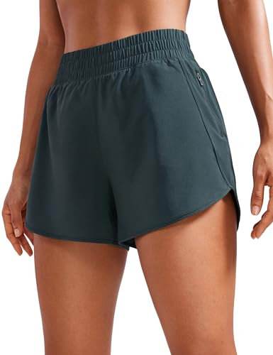 CRZ YOGA Damen Kurz Sporthose Laufhose High Waist Fitness Sport Shorts Kurze Hose mit Reißverschlusstasche Melanit 42