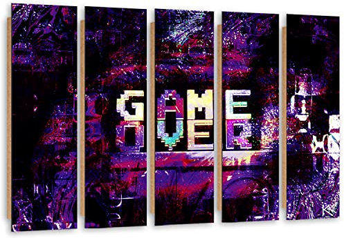Feeby Quadro 5 pannelli 200x100 cm Gaming Gioco Per il giocatore Qualita Fotografica Stampa D'Arte Camera Da Letto Console Di Gioco Astrazione Game Over viola