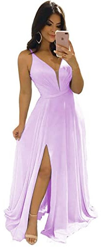 WSEYU V cuello largo vestidos de dama de honor con hendidura gasa una línea plisada vestidos de baile con bolsillos C046C, Lila, 38