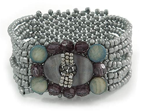 Avalaya Bracelet flexible en perles de verre et coquillage gris clair – 18 cm L, taille unique, Verre Verre Coquillage