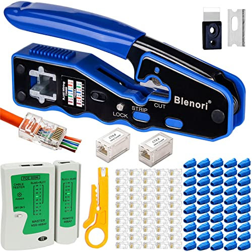 RJ45 Crimp Tool Pass Through Kit - Blenori RJ45 Crimper Cat6 Crimping Tool with 50PCS Cat5e Cat6 Connectors, 50PCS Covers, LAN Cable Tester, 2 RJ45 Coupler, Blue (BL-13)