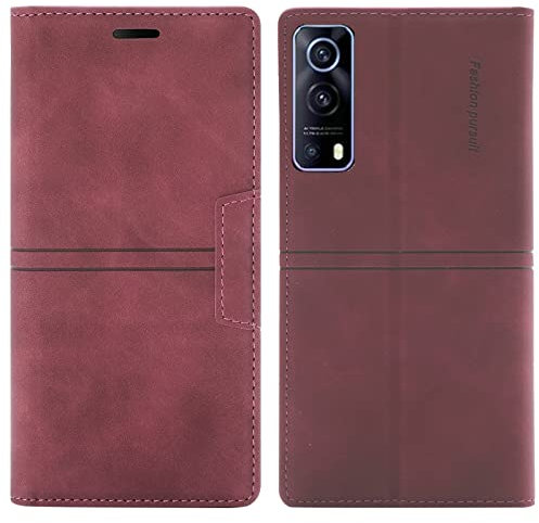 OKZone Funda para Vivo Y53s/Y72 5G/Vivo Y52 5G, Carcasa Vivo Y53s/Y72 5G/Vivo Y52 5G Libro con Tapa de Cuero Piel Wallet Case Flip Cover con Kickstand, Magnetica, Ranuras para Tarjetas (Rojo)