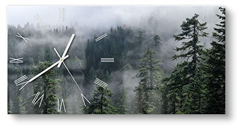 DEQORI Glasuhr | vertikal 60x30 cm | Motiv Tannenspitzen im Nebel | große XXL Design Uhr aus Glas | leise Wanduhr für Wohnzimmer & Küche | moderne Hingucker Uhr für die Wand