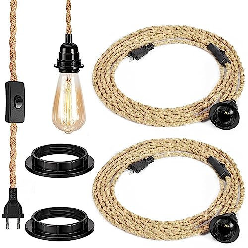 ANKBOY Vintage Hanfseil Pendelleuchte mit Schalten Stecken DIY Einzelkopf Hängeleuchte mit 3 Meter gedrehten Hanfseil E27 Lampenfassung Hanfseil Lampe für Dekoration Wohnzimmer Loft 2Stück