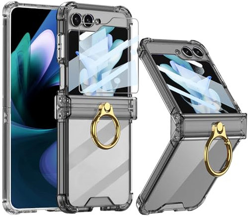 FODDOM for Samsung Galaxy Z Flip 5 Case Clear Hinge Protection with Ring [Never Yellow ], Built-in Screen Protector, Slim Thin Fit Transparent Soft All-Inclusive Shockproof Phone Case Cover (Black)
