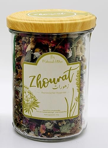 Authentischer libanesischer Rosentee 'Zhourat' | 40g im Glas | Natürlich ohne Zusatzstoffe | Hergestellt in Beirut, von Hand abgefüllt in Deutschland