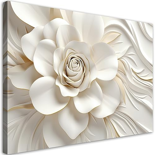 Feeby Bilder Gold 3D Blumen Botanik 90x60 cm 1 tlg Modern Leinwandbilder Bild auf Leinwand Kunstdruck Wand Bild Wanddeko Design Schlafzimmer Büro Flur Hotel Spa Wohnzimmer Pflanzen Blumenmotiv Weiß