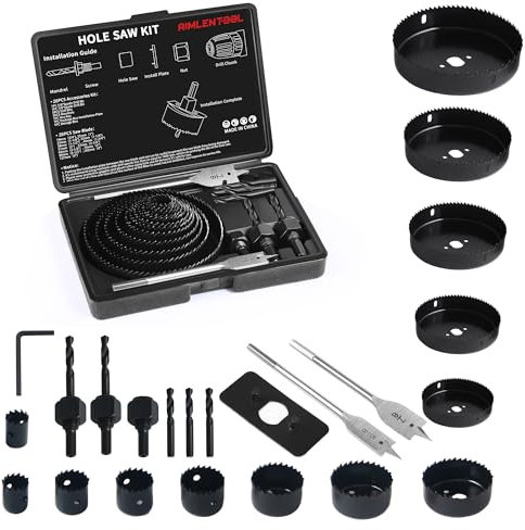 AIMLENTOOL Hole Saw Set, 26PCS Hole Saw Kit with 3/4 to 5 (19mm-127mm) Saw Blades, Spade Drill Bit, Mandrels, Drill Bits, Installation Plate,Hex Key with Storage Box for Soft Wood, Plastic,PVC Board