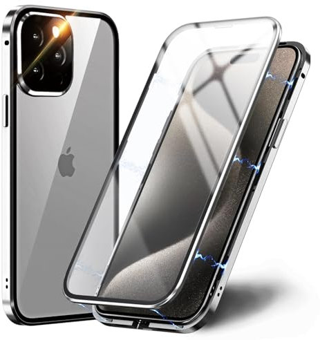OMGZONE Magnetic Case for iPhone 15 Pro Max Full Body Cover,Screen Protector built-in Transparent Tempered Glass and Camera Protector,360 Degree Metal Bumper Case for iPhone 15 Pro Max,Clear Natural