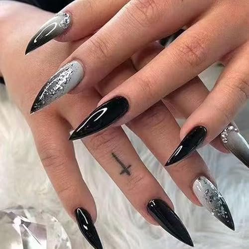MouyouGlow Press on Nails Long,Stiletto Weiß Schwarz Grau Verlauf Glitzer Strass Gothic Halloween Fake Nails with Nagelkleber,White Ombre Grey Black Diamant Künstliche Fingernails