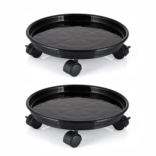 LSRVNM 2 Pcs Plant Caddy 12 Round Potted Plant Stand with Brake Wheels, Plastic Plant Pot Trolley Rollers Heavy Duty for Home Garden Office, Loading Capacity 40kg