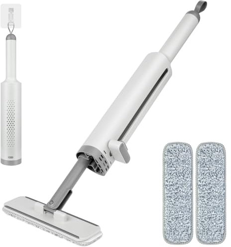 Mini trapeador portátil autoapretable, Corto Giratorio a Mano, fregona Plana con Cepillo para Grietas y 2 Almohadillas de Microfibra Reutilizables, Sistema de Limpieza de Suelos para baño, cocinas,