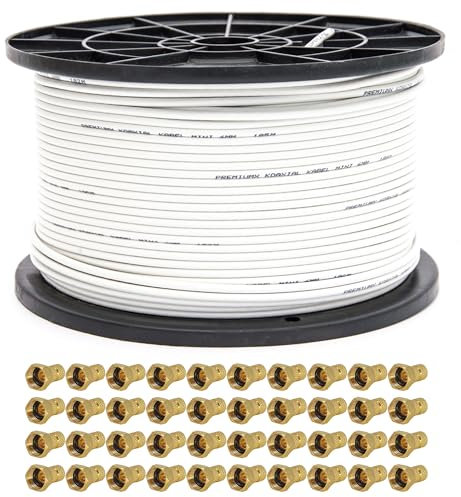 Premium X 200m Sat Koaxial Mini Kabel 90dB 2-Fach geschirmt 4mm Dünnes Antennenkabel FullHD HDTV 3D Weiß 40x F-Stecker