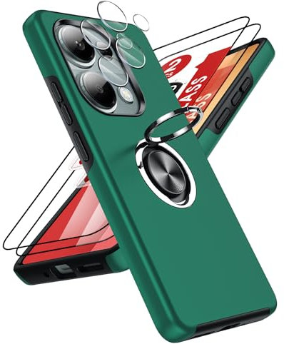 LeYi Cover per Xiaomi Redmi Note 13 Pro 4G (Non per 5G) con Vetro Temperato e Protezione Fotocamera, Custodia con Anello Supporto Antiurto TPU Silicone Bumper Case Silicone Custodie, Verde Scuro
