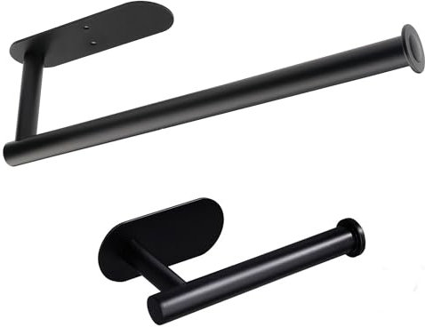 Porta asciugamani di carta, autoadesivo o forato, sotto l'armadio, in acciaio inox nero opaco, supporto da parete per cucina, bagno, lavandino, dispensa, frigorifero (2 pezzi grandi e piccoli)