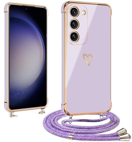 vumebao Coque pour Samsung S23 avec Cordon, Silicone Souple Étui en Motif Coeur avec Réglable Collier Chaîne Case pour Samsung S23 Coque Antichoc, Protection Complète Bumper S23 Coque-Violet