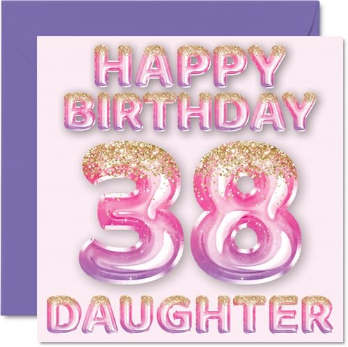 38th Birthday Card for Daughter, Pink & Purple Glitter Balloons | Happy Birthday Cards for 38 Year Old Daughter from Mum or Dad Parents, 145mm Bday Greeting Cards Gift