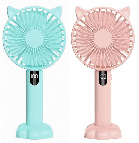 2 Pack Mini Portable Hand Held Fan, Night Light Handheld USB Rechargeable Fans with 5 Speeds, Cute Cat LED Digital Display Small Desktop Fans With Base for Home Office Bedroom Travel (2Pack-Pink+Blue)