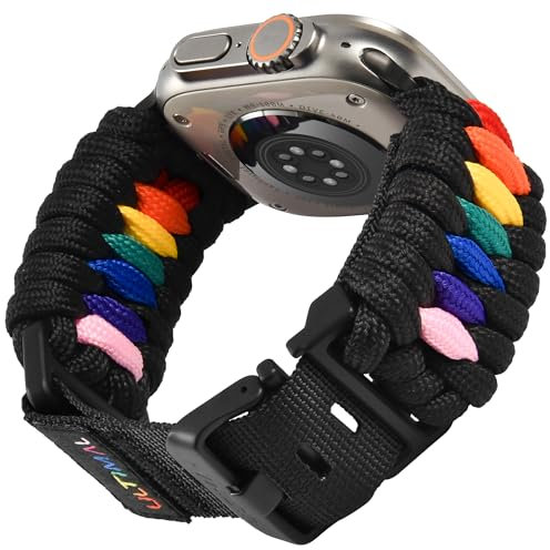 ULTIMAL Compatible with Apple Watch Straps Series 10/9/8/7/6/5/4/3/2/1/SE/SE2 Ultra 2/1, Nylon Braided 550 Paracord Sport Band for iWatch Strap 46mm 45mm 44mm 42mm 49mm (L, Black-Rainbow)