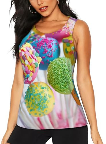 Workout-Tanktops für Damen, schnell trocknend, Rundhalsausschnitt, ärmelloses T-Shirt, Sportweste, Fitnessstudio, Laufen, Yoga, Sport-Shirts, buntes Bonbon, Schwarz , X-Large