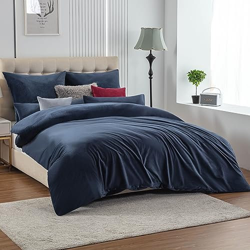 Soifox Winter Flanell Bettwäsche 200x220 - Blau Flauschige und Warme Cashmere Touch Bettbezug + Kissenbezug 80x80 cm mit Reißverschluss