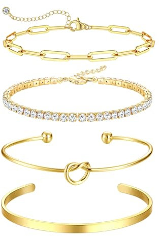 Hebterrka Goldarmbänder für Frauen Stapel 14K Vergoldetes Armband-Set Nicht Anlaufen Gold Perlen Papierclip Gliederkette Schmuck für Frauen Mädchen Trendy